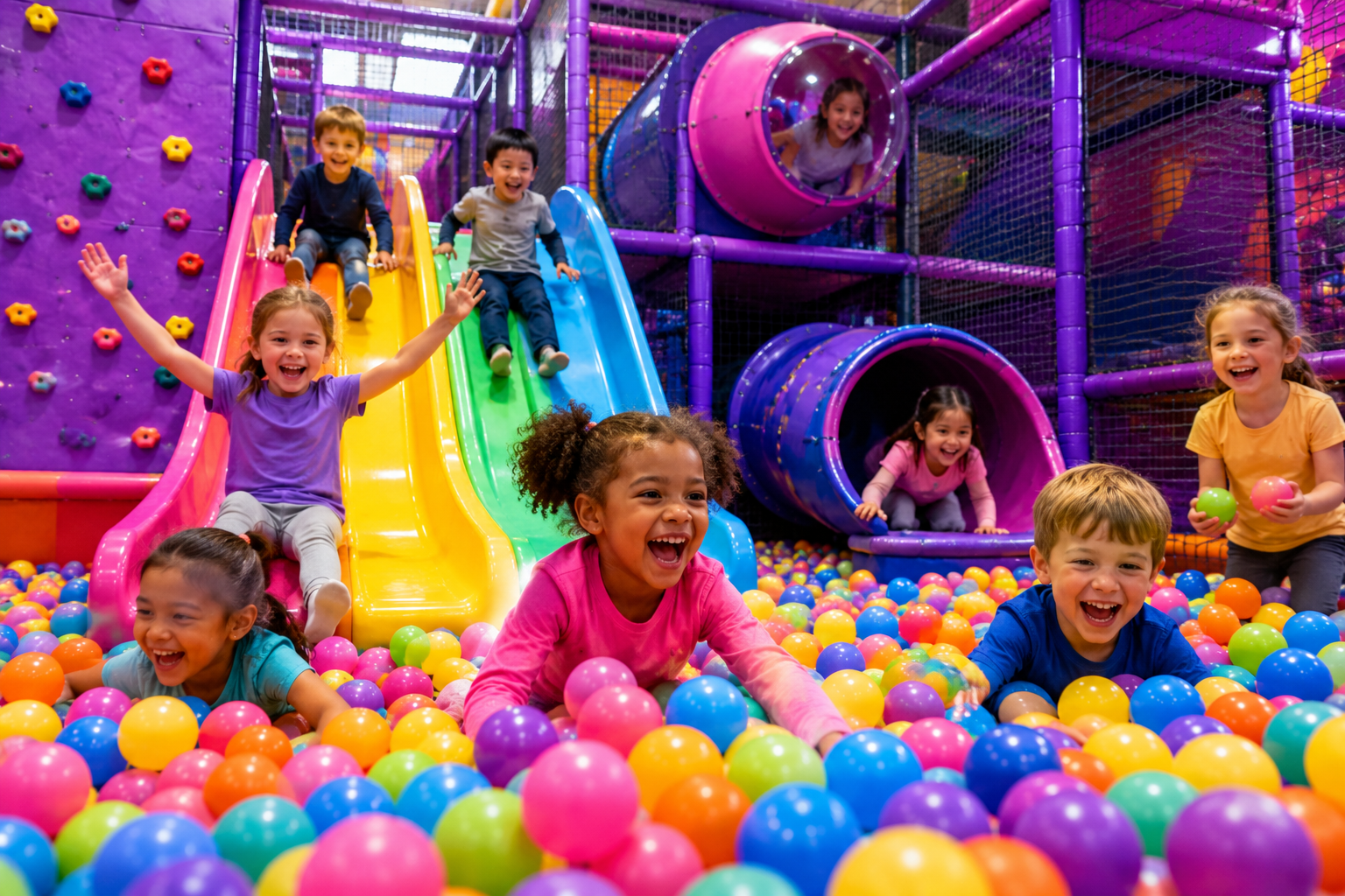Children playing on slides and in the ball pit at Little Peppe indoor play zone in Aluva