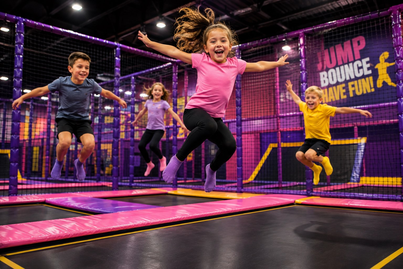 Children jumping on trampolines in colorful indoor playground